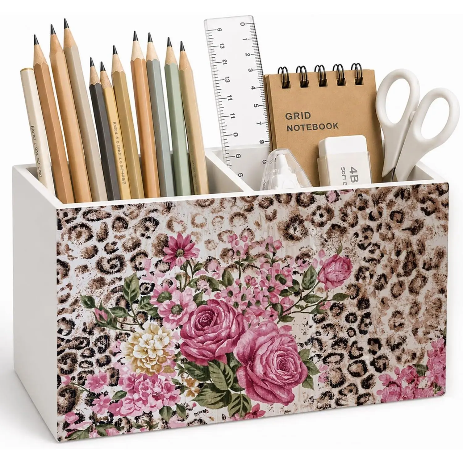 Leopard Gifts for Women, Leopard Print Floral Pen Pencil Holder for Desk,  Room Decor Wooden Sign Decorations for  Office Girls Room Bedroom Desk Tabletop
