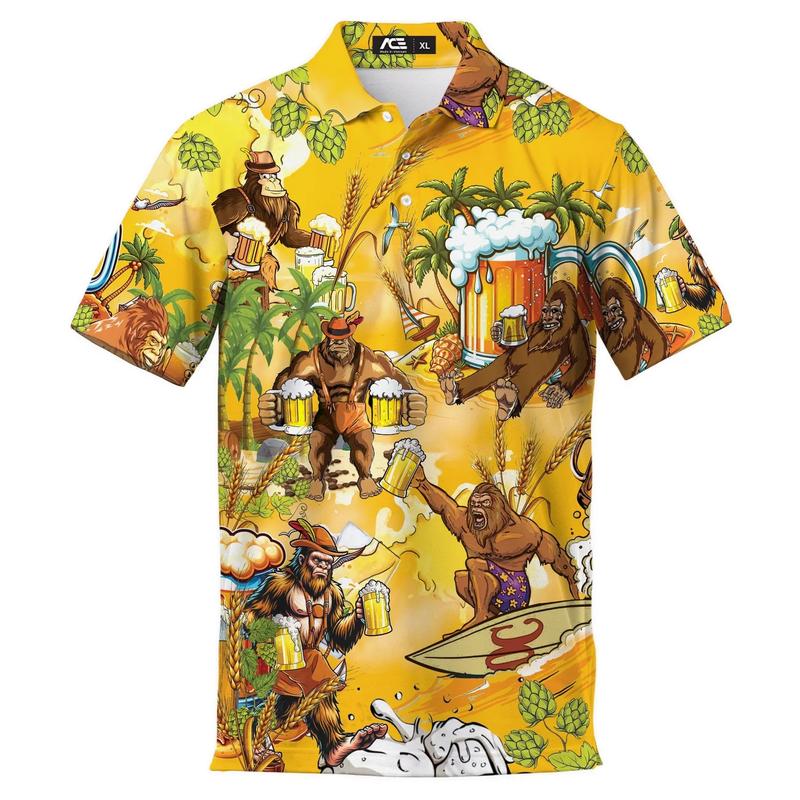 Men's Stylish Tropical Short-Sleeve Button-Down Hawaiian Aloha Shirt, Classic Loose-Fit Menswear Top, Yellow Mythical Hairy Creature Beer Mug Surfing Palm Tree Hop Wheat Print, Summer Outdoor Beach Party Casual Shirt