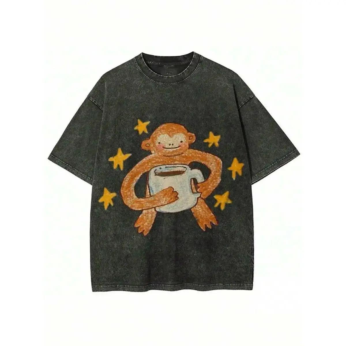 Unisex Distressed Mineral Washed Graphic T-Shirt, Oversized Y2K Short Sleeve Crewneck Top, Hand Drawn Monkey Coffee Star Print, Retro Casual Streetwear Apparel, Breathable All-match Daily Outfit Suitable For Men And Women