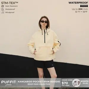 【Restocked】PUFFIT STM-TEX Waterproof Oversized Fall Hoodie Coat Warm Half Zip Rain Jacket With Adjustable Waist,Hood & Cuffs,Large Kangaroo Pocket,Shell Jacket,Ski Jacket,Spring Jacket,Windbreaker,Dog Walking,School Running,Football Mum,Stylish