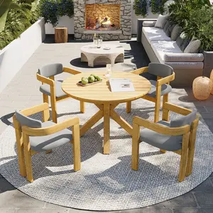 Aobtkel®Christopher Knight Home® 5-Piece Outdoor Acacia 	Wood Round Dining Set, Solid Wood Patio Table with 4 Barrel Chairs, Cushioned Seats & Backs, Modern Garden Conversation Set, Gray Cushion