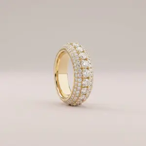 Three Row Curved Dome Eternity Ring Silver Plated Alloy Mixed Size Round Moissanite Full Pave Stackable Wedding Anniversary Band Two Finishes Gold Tone & Silver Tone Unisex Luxury Fashion Jewelry US Ring Sizes 6-13