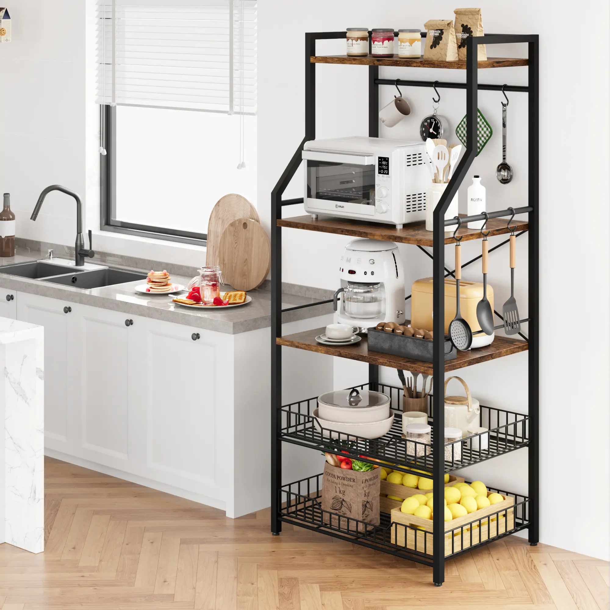 Garvee 5-Tier Kitchen Bakers Rack - Double Wood Countertops, Sturdy Metal Frame, 2 Wire Baskets, 8 Hooks & Open Storage - Freestanding Microwave Stand & Coffee Bar Organizer - Black & Vintage Gray