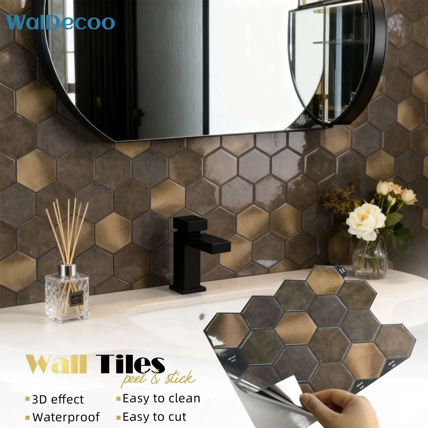10 Sheets Self-Adhesive Tile Easy-Cut & Maintain Wallpaper Kitchen Splash Guard Wall Decor, Interior Walls, Durable PET Material Marble Pattern Hexagon Tiles for Home Renovation
