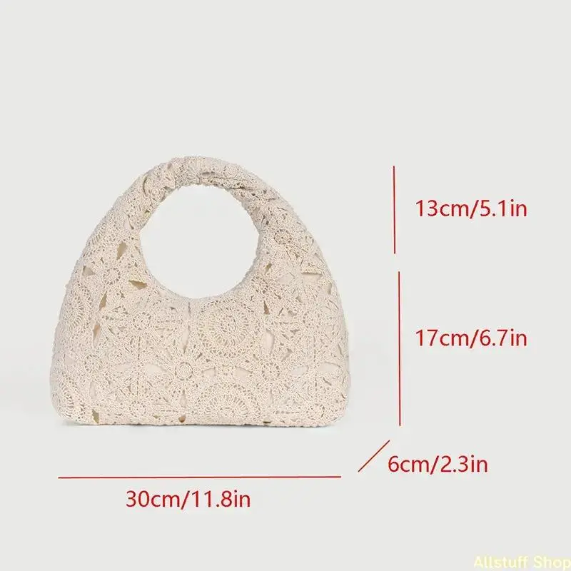 Hand-Crocheted Hollow-Out Shoulder Bag, Cute Cotton Yarn Underarm Tote in Macaron Colors for Vacation and Casual Wear, Slip On, Lace Hollow-Out, Hand-Crocheted Design, Shoulder Satchel, Basic, Plain