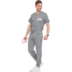 Men's Workwear Stretch V-Neck Scrub Joggers Set with Seven-Pocket Pants, Available in 6+ Colors