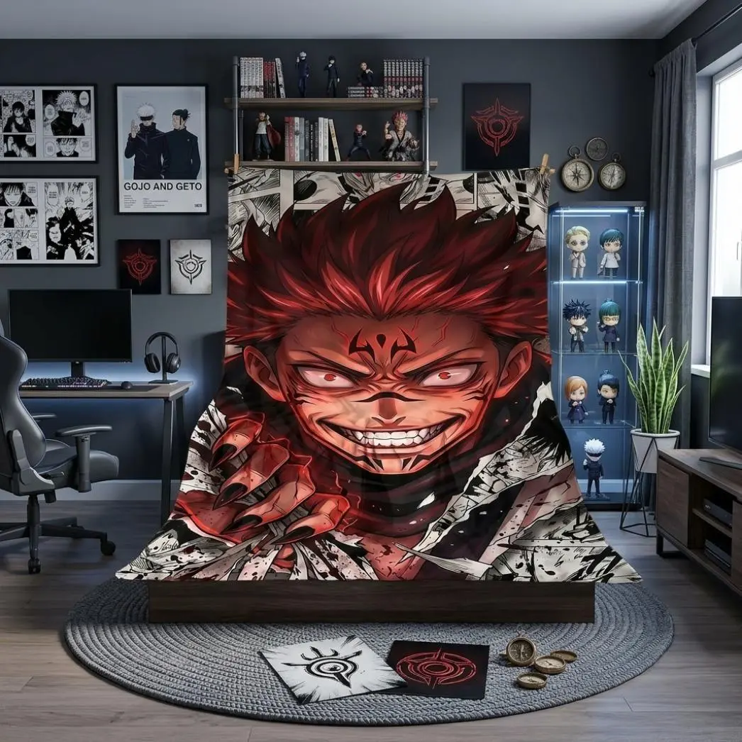 Ryomen Sukuna Jujutsu Kaisen Blanket, Manga Collage & Blood Splatter Flannel Throw, Cozy Anime Blanket for Bedroom & Gaming Setup, JJK Fan Gift