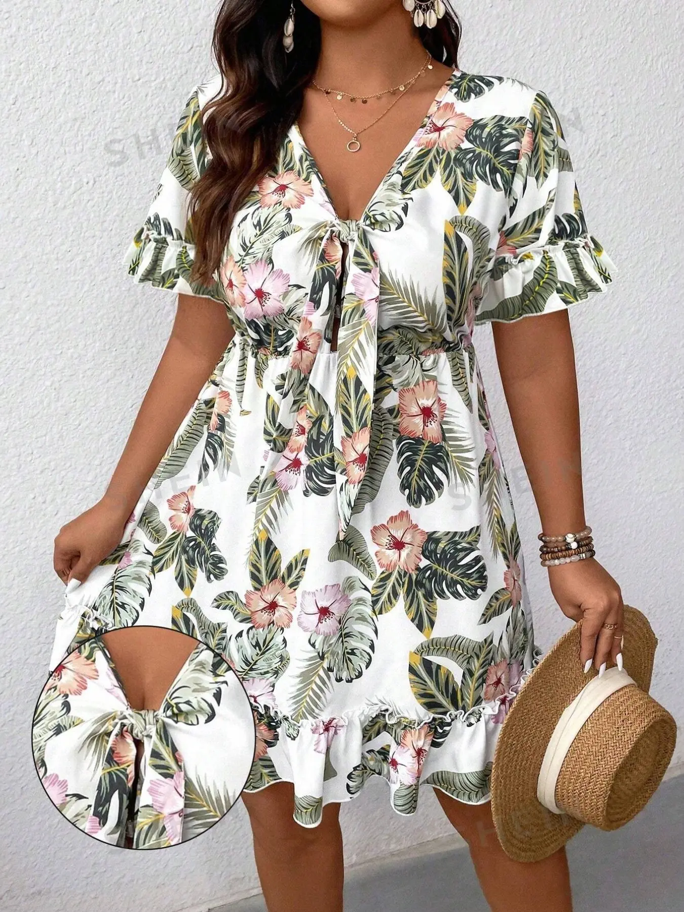 Plus Size Women's Tropical Floral Print V-Neck Front Tie Ruffle Short Sleeve Summer Beach Dress, Stylish and Comfortable
