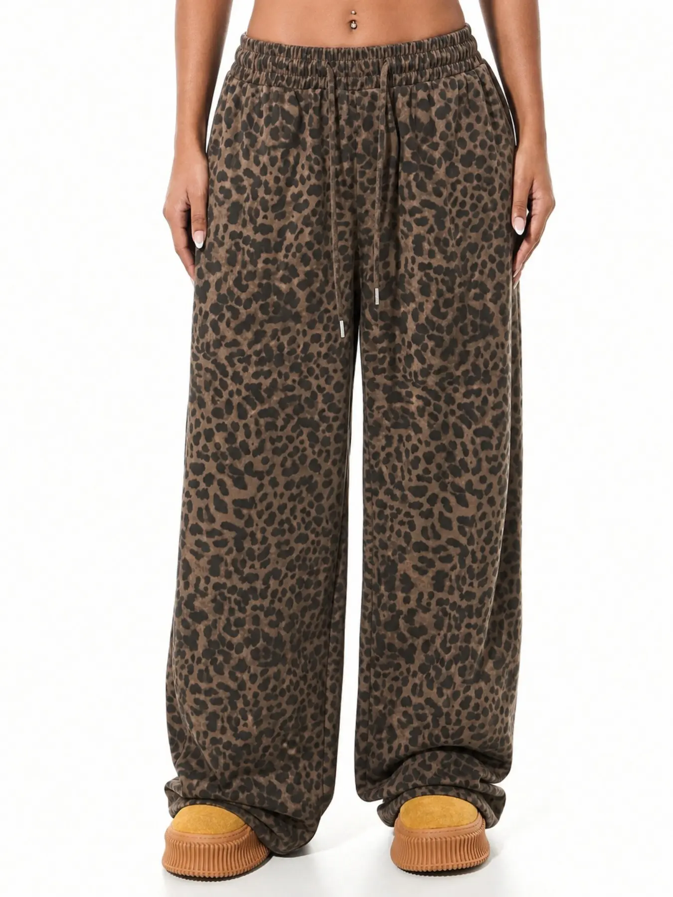 Women's Brown Leopard Drawstring Wide Leg Sweatpants, Elastic Waist Loose Casual Trousers