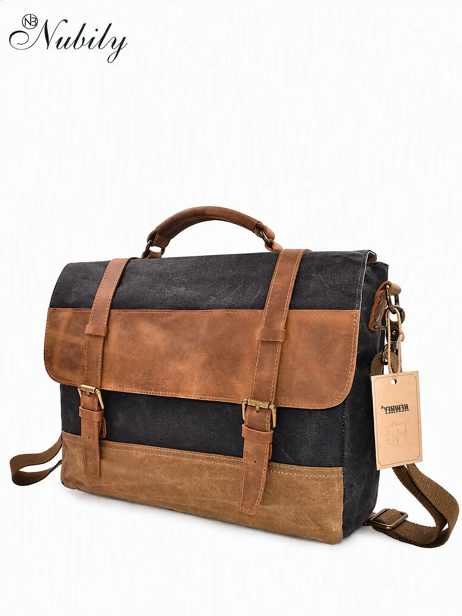 15.6 Inch Vintage Waxed Canvas Messenger Bag for Men, Water Resistant Canvas Briefcase, Genuine Leather Trim, Magnetic Flap Laptop Satchel