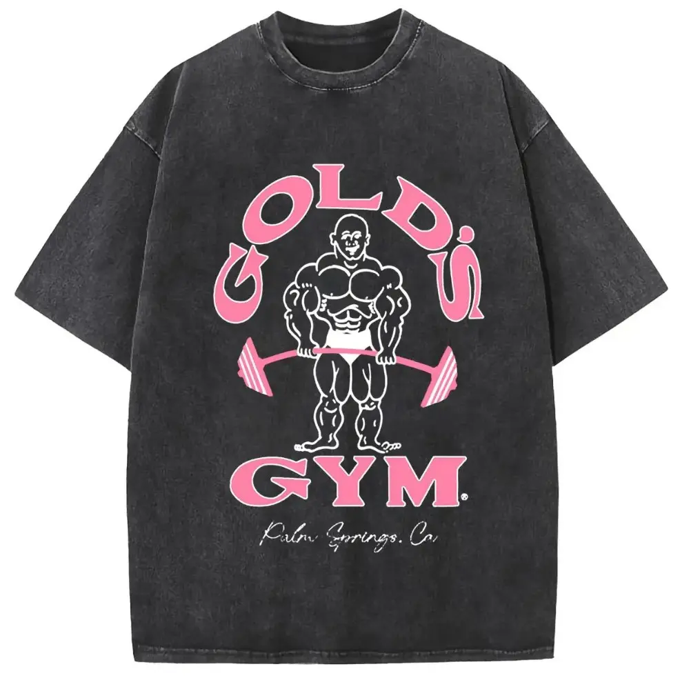 Holafish Oversize Acid Wash Vintage GOLD'S GYM Graphic T-Shirt, Funny Cat Worm Cartoon Print Heavyweight Cotton Crewneck Unisex Streetwear Tee, Loose Casual Mens Gym Daily Top, Retro Workout Holiday Father’s Day Gift For Guys