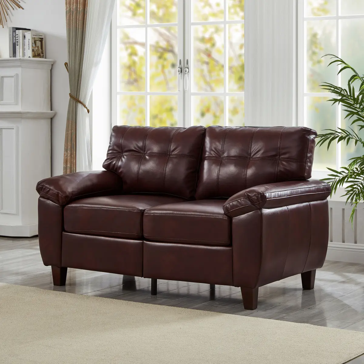 59" Loveseat Modern Design Faux Leather Couch,Living Room Sofa with Storage,Big Armrest Sofa,Upholstered Breathable PU Leather Sofa,Burgundy