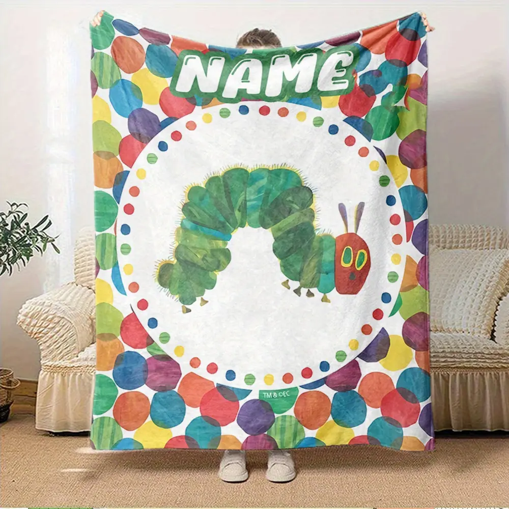 Custom Name The Very Hungry Caterpillar Multi-Size Fleece Throw Blanket - Eric Carle Classic Watercolor Print, Stain Resistant Fabric, Soft Lightweight Toddler Nursery Decor Gift for Baby Shower, Nursery Use, Fleece Fabric