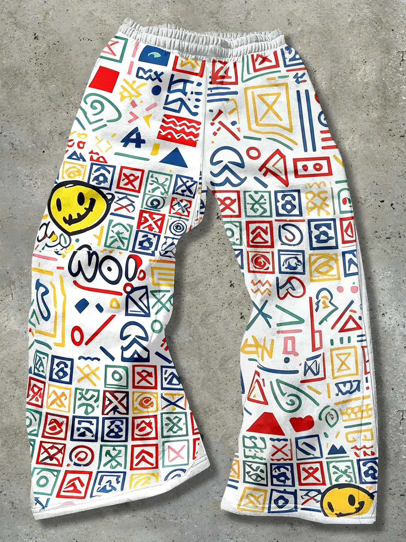 Men's White Base Cartoon Smiley & Geometric Doodle Allover Print Wide Leg Pants, Streetwear Elastic High Waist Casual Sweatpants, Cute Y2K Aesthetic Soft Fabric Baggy Trousers for Everyday Wear