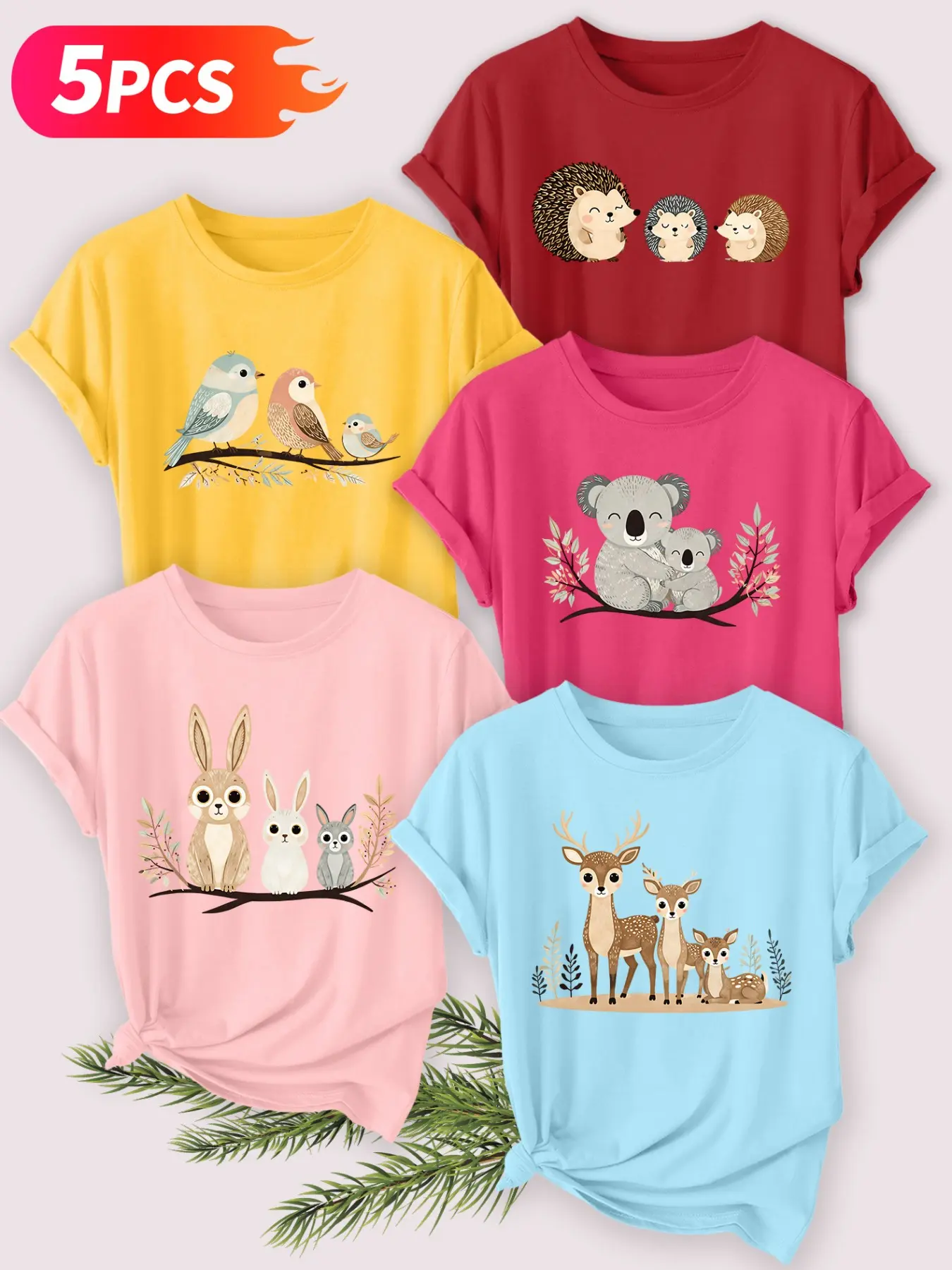 5Pcs Women Crew Round Neck Tee, Forest Deer Rabbit Koala Animal Print, multi-color casual washable soft summer top
