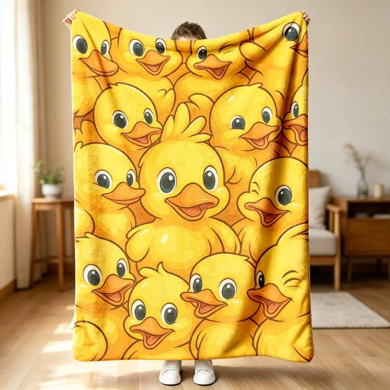 Cute Yellow Rubber Duck Cartoon Print Flannel Throw Blanket, Kawaii Little Duck Plush Blanket, Soft Lightweight Decor Blanket for Sofa Bed Kids Animal Lover Gift