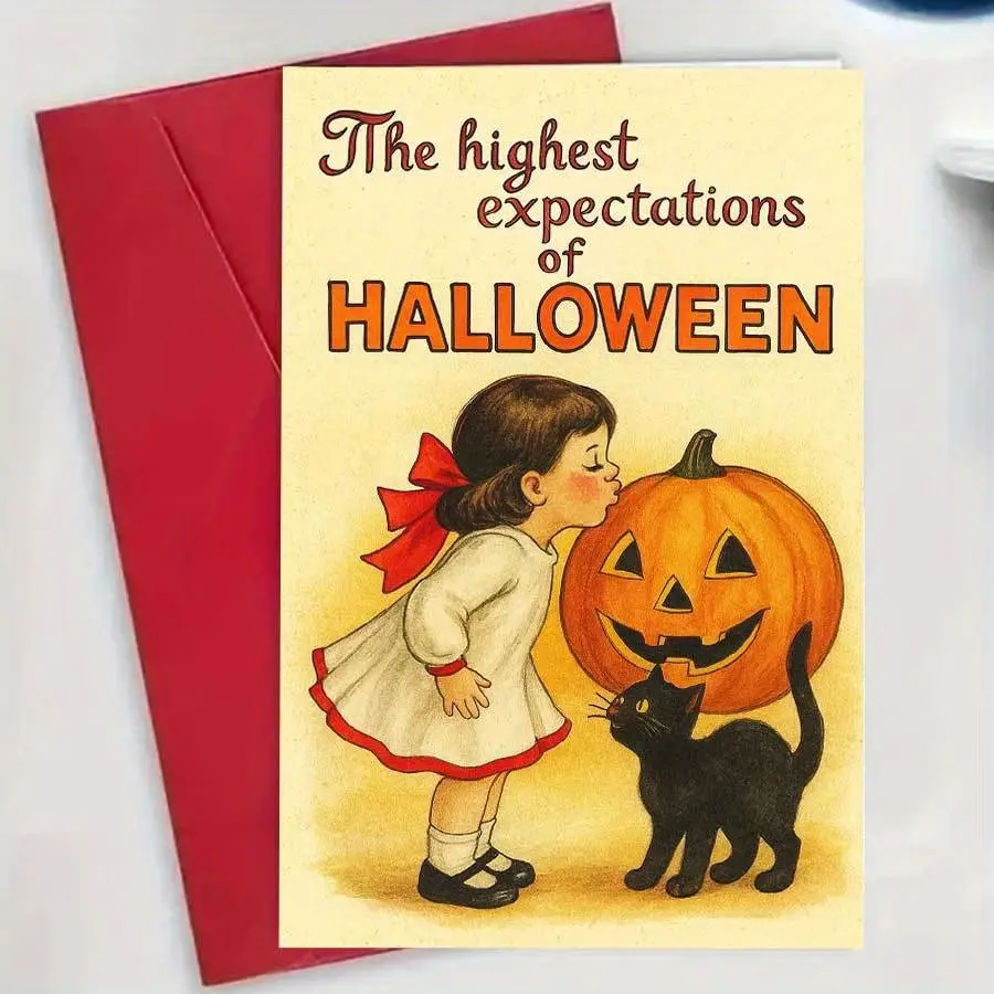Vintage 1950s-60s Retro Halloween Greeting Card, Cute Cat & Jack-O'-lantern, Bow, Envelope Included, Spooky Party Invitations, Gifts