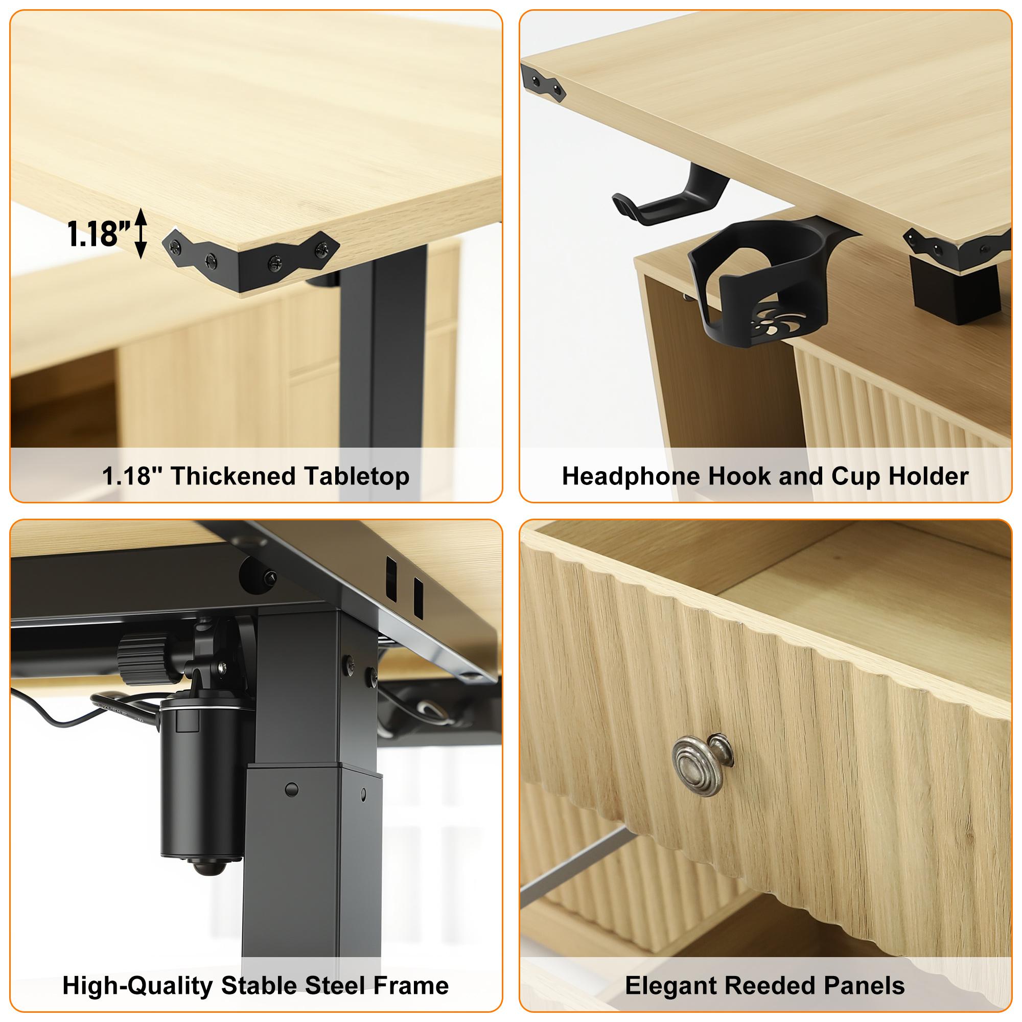 63" L-Shaped Electric Standing Desk, Executive Standing Desk with File Cabinet, Height Adjustable Sit Stand Desk with Storage Shelves & Drawers, Corner Computer Desk with Power Outlet, Brown/Light Oak