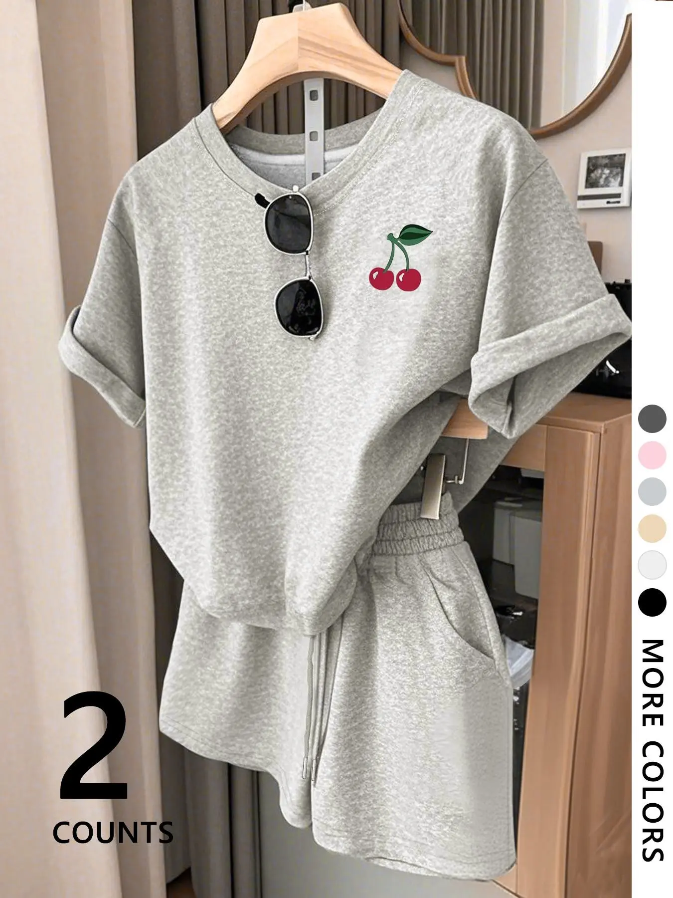 Women's Two-Piece Set, Cherry Print Round Neck Short Sleeve Tee & Shorts for Casual Daily and Lounge Wear Loungewear