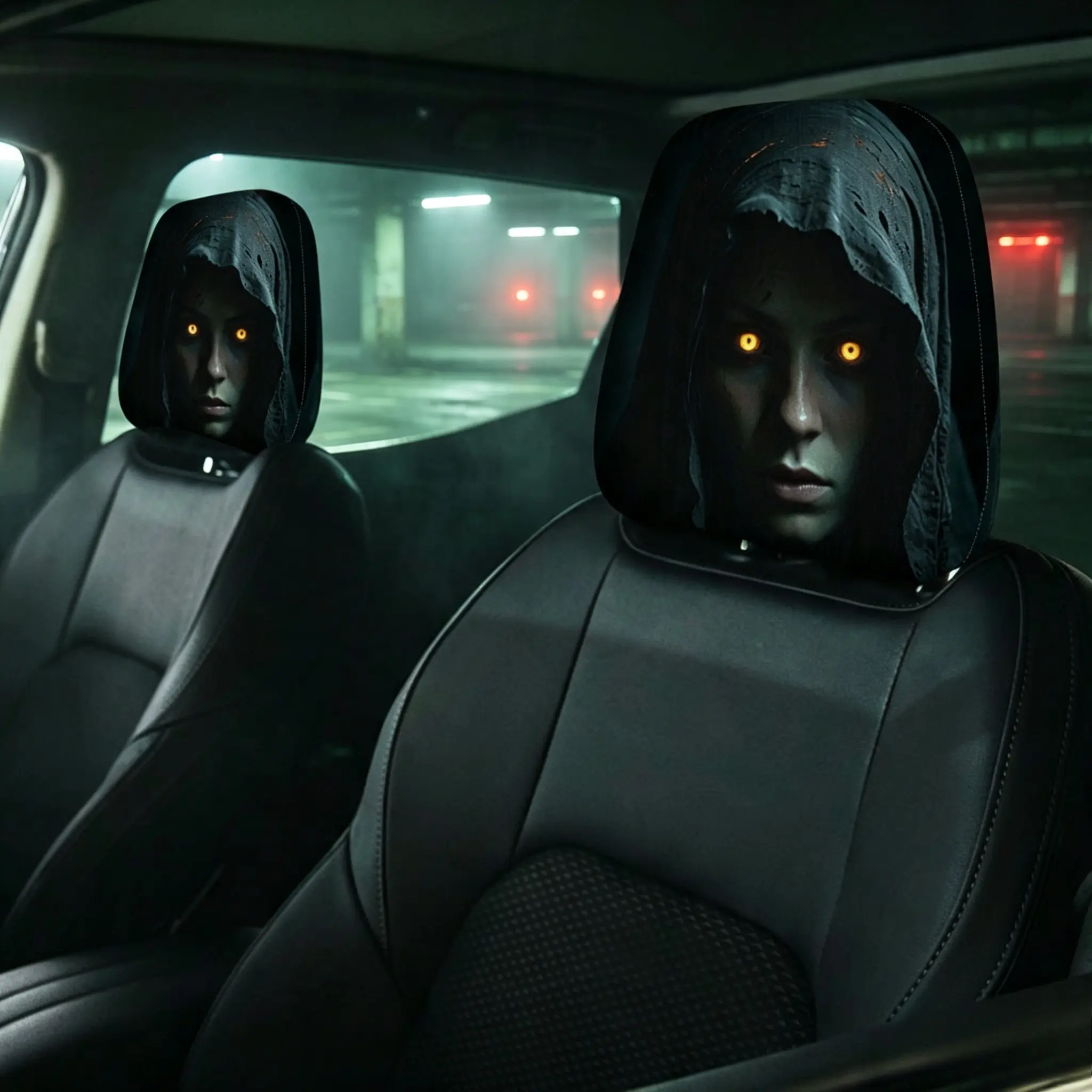 2 Pcs Car Headrest Covers, Spooky Ghost Print with Glowing Eyes, Soft Fabric Slip-on Cover for Halloween Decor, Universal Fit, Easy Install