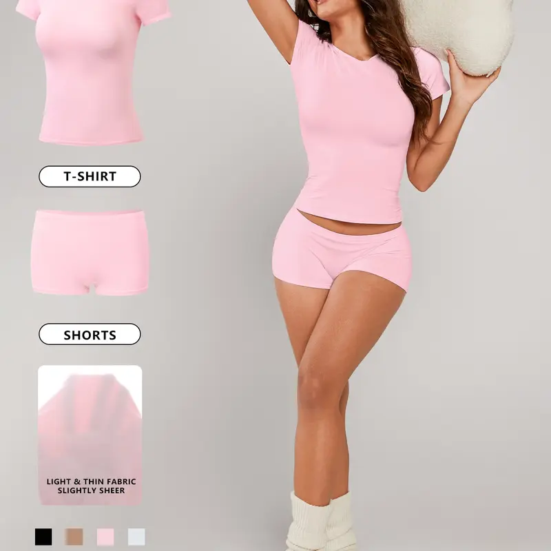 Women's Solid Crop Tee & Shorts Loungewear, Casual Comfy Round Neck Short Sleeve T-Shirt & Shorts PJ Set, Ladies Sleepwear for All Seasons, Pajama, Casual Lightweight Loungewear