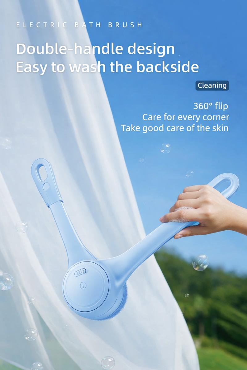 Rechargeable Electric Body Scrubber, Waterproof 360° Rotating Shower Brush with Dual Grip Handles, Full Body Bath Brush with 4 Detachable Heads for Deep Cleansing