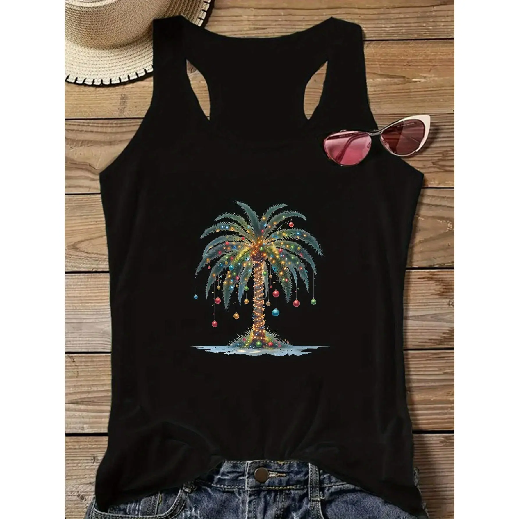 Christmas Directional Tropical Christmas Palm Tree, Light String Wrapped, Creative Printed Vest, Sleeveless Round Neck Women's Vest, Suitable for Spring and Summer, Machine Washable, Lightweight Breathable Fabric, Fashion Casual Vest, Elastic Fabric
