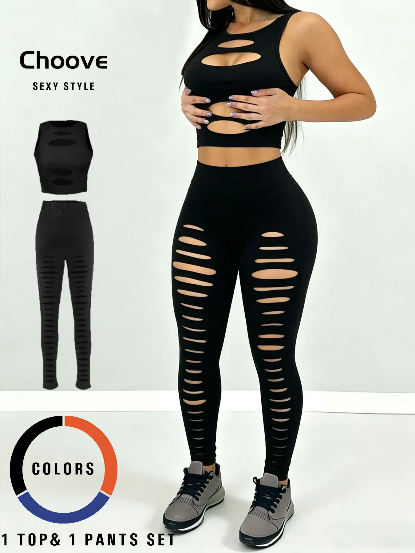 Women's Sexy Hollow Out Sleeveless Crop Top and High Waisted Leggings Pants, Fitted Matching Set, High Stretch Fabric, Ripped Design, Casual All-Season Wear Clothes