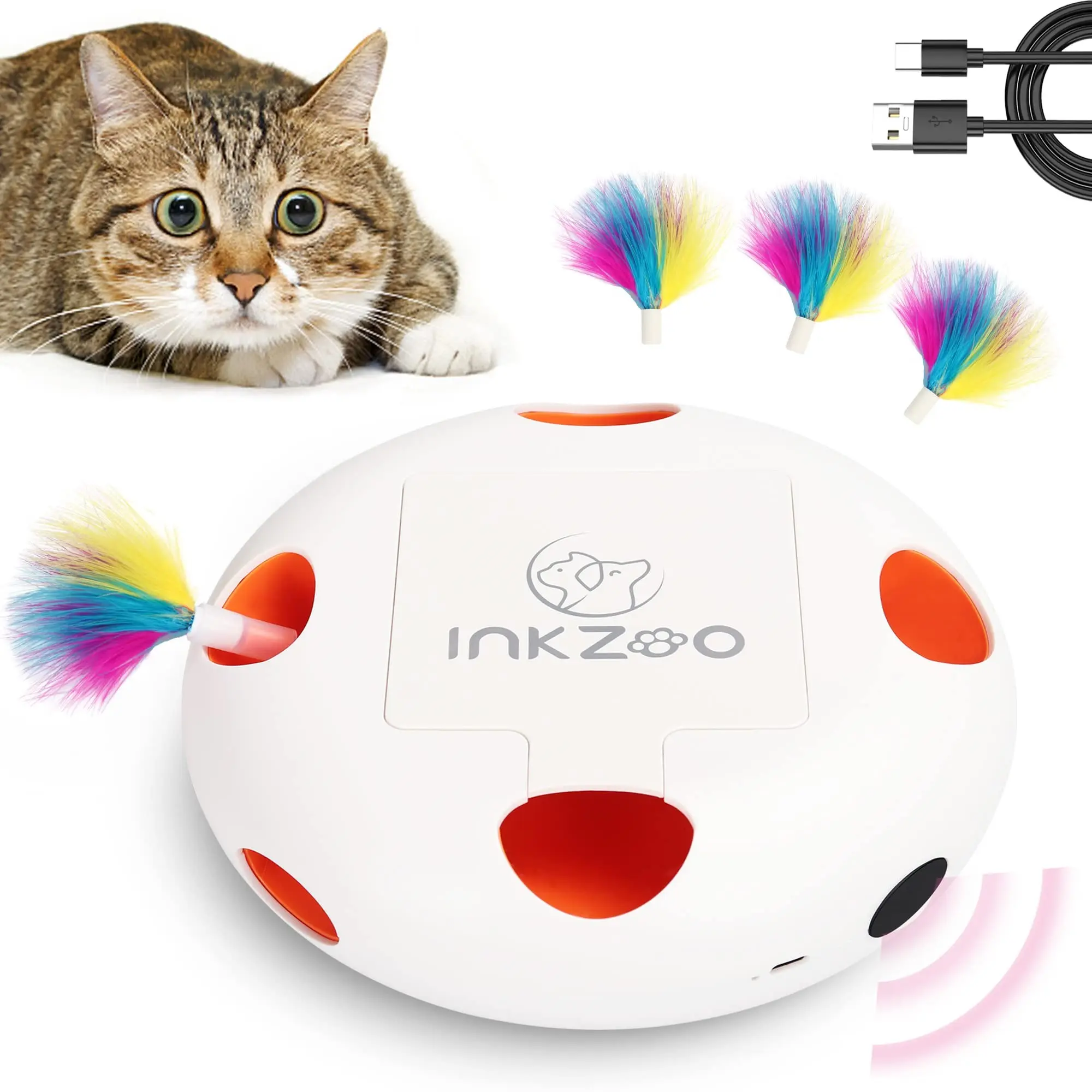 Interactive Cat Toy, Indoor Smart Cat Plaything, Automatic 7-Hole Mouse Plinko, USB Rechargeable, 4 Feather Replacement Set ()