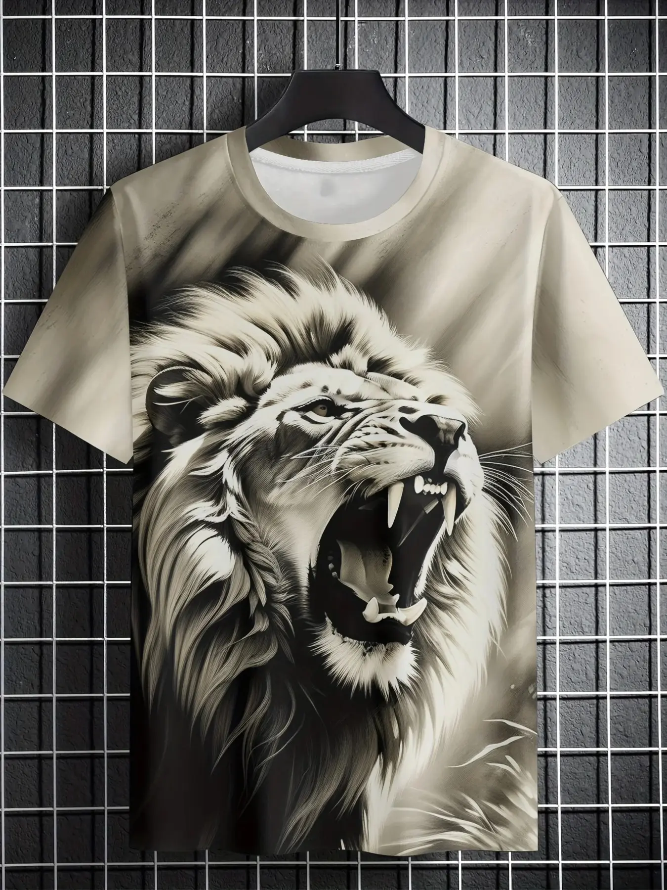 American Lion Roar Theme 3D Full Print Short Sleeve, Large Animal Head Art Design, Moisture-Wicking Loose Fit, Casual Men's Shirt