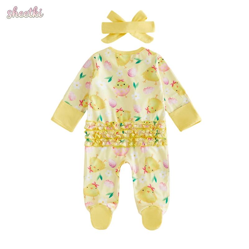 Newborn Baby Girl Easter Outfit Chick Egg Floral Long Sleeve Zip-up Footed Jumpsuit with Headband 2 Piece Spring Set