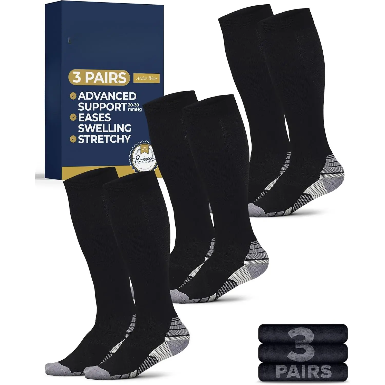 Adults' 3 Pairs 20-30 mmHg Compression Socks - Male Compression Stockings (3 Black with Black Options) for Running, Travel, 3 Black With Black - 3 Pairs, Black - 3 Pairs