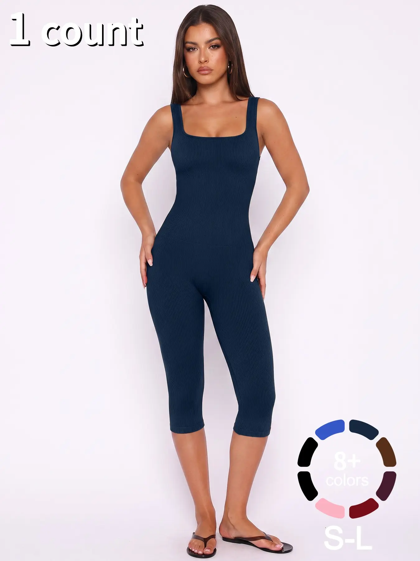 Women's Yoga Capri Jumpsuit Square Neck Backless Tummy Control Butt Lifting, Workout Shorts Romper Seamless Ribbed Sleeveless Unitard for Gym Workout Sports