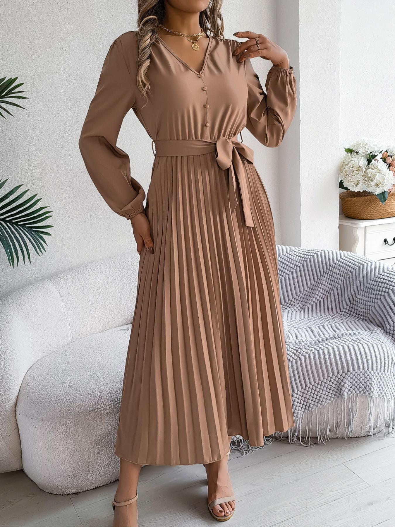 Women's Plain Fake Buttons Belted Pleated Dress, Elegant Chic Bishop Long Sleeve V Neck A Line Dress for Party Wedding Guest, Dresses for Women, Ladies Clothes for Spring & Fall, Birthday Dresses, Womenswear