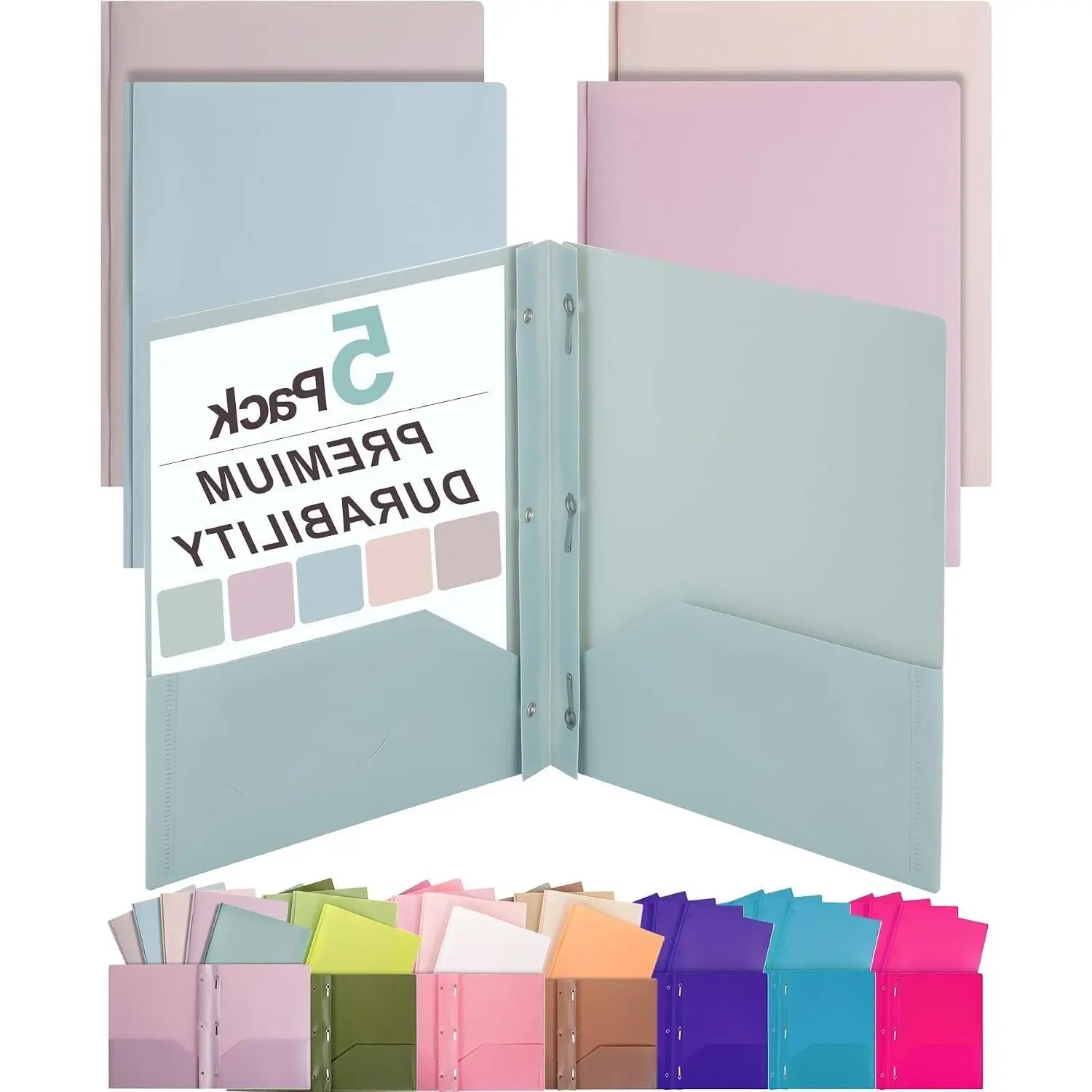 Plastic Folders with Pockets, Prongs and Fasteners, 5 Pack, Muted Pastel Colors, 2 Pocket FoldersGift