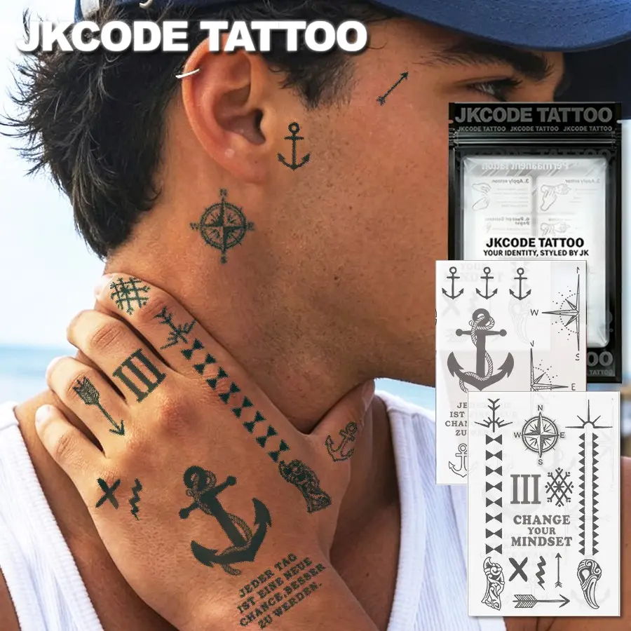 2 Pcs Viking Semi-Permanent Tattoo Kit, Old School Classic Style Sailing Compass Totem, Neck tattoo, Waterproof Tattoo for Men, Realistic Fake Tattoos, Waterproof Temporary Tattoos, Lasts 1-2 Weeks, Perfect Gift, Tattoo Supplies