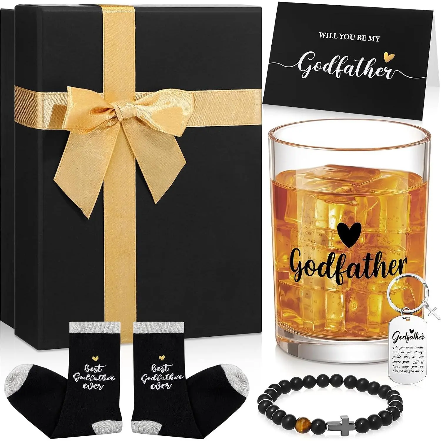 6-Piece Godfather Theme Boxed Gift Pack, Home Supplies Storage Gift Box Set with Glass Wine Glass, Bracelet, Keychain, Card, Socks for Godfather from Godchild (Baptism, Father's Day Gifting)