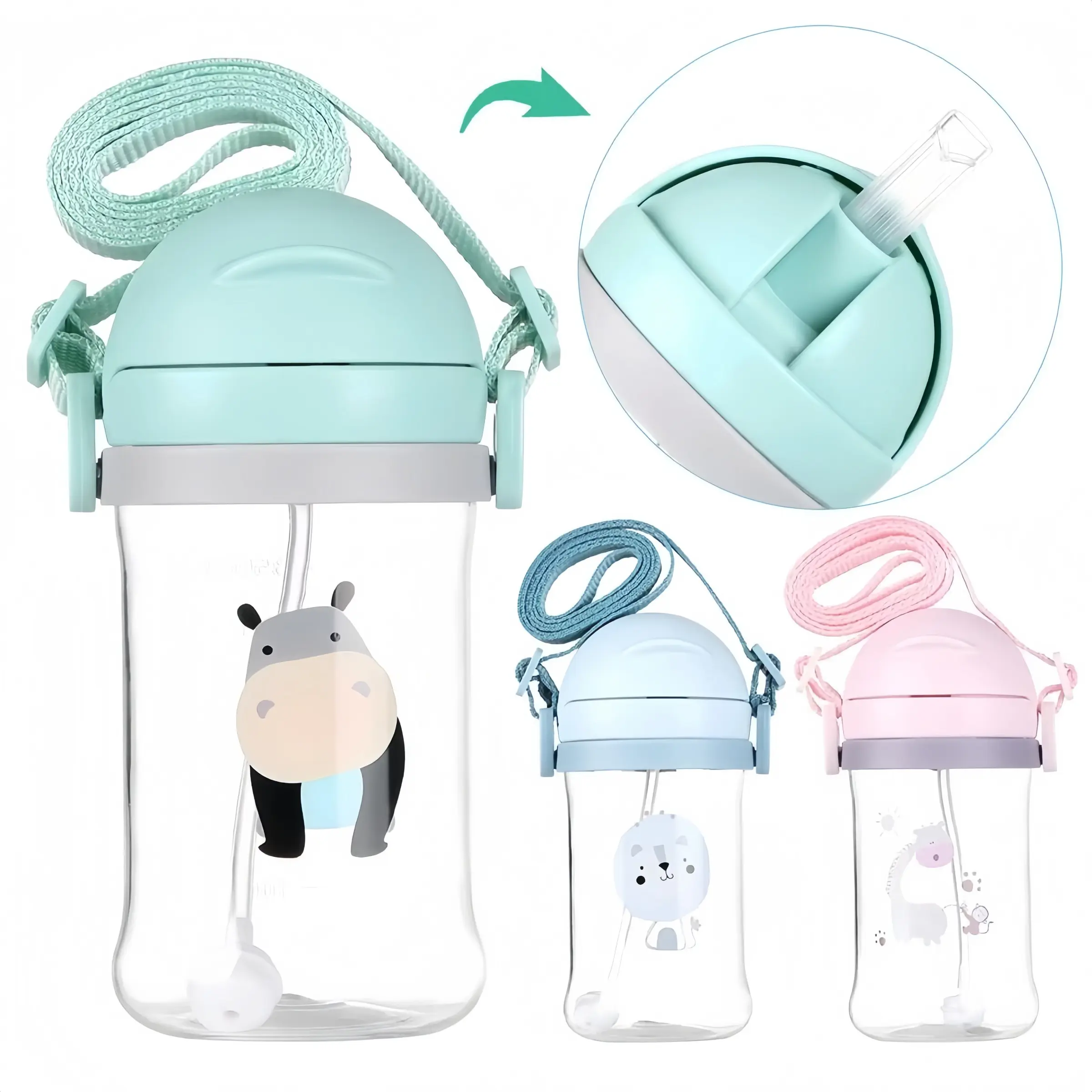 Three-Piece 350ML Kids Straw Cup Set, Toddler Cup With Straw, Baby Learning Drinking Cup, Anti-Choking Plastic Portable Water Bottle, Detachable Strap, Durable School Cup