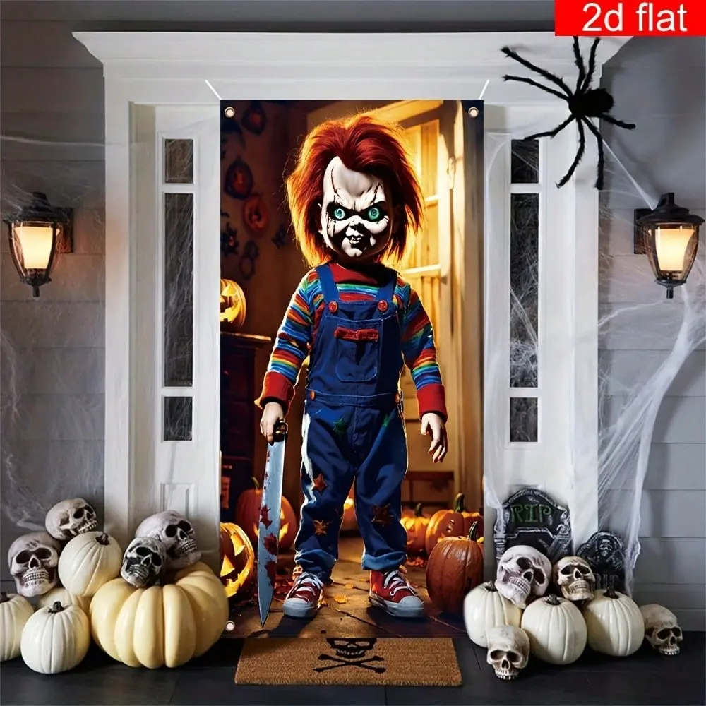 2D Horror Doll Halloween Backdrop, Polyester Hanging Decor, Spooky Photo Props, Halloween Decoration, Party Supplies, Home & Room Decor