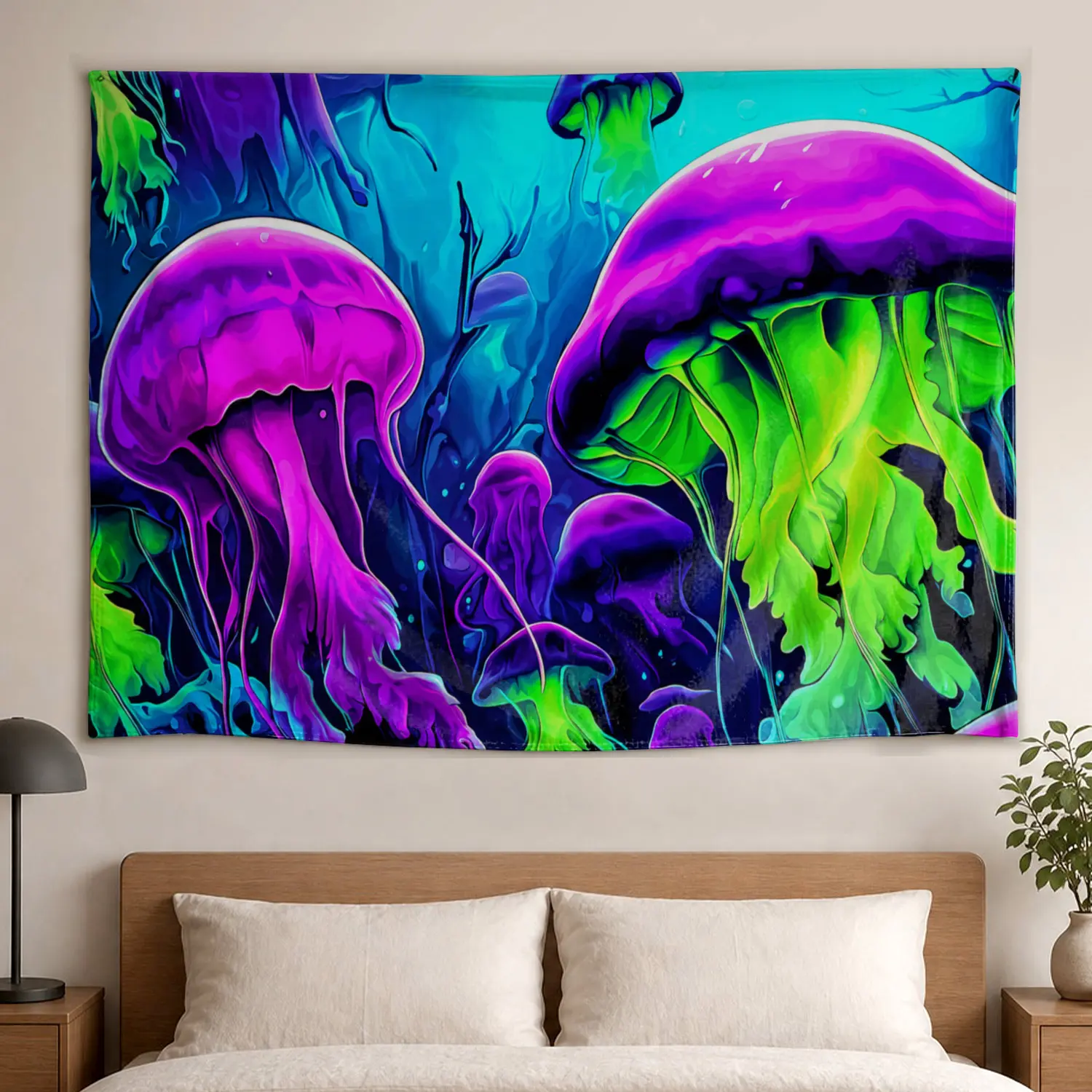 Neon Jellyfish Ocean Life Abstract Art Wall Tapestry - Large Printed Horizontal Polyester Wall Hanging, Home Decor Artwork Decoration for Living Room, No Installation Required, Indoor-Outdoor Use, Colorfast Gift Idea
