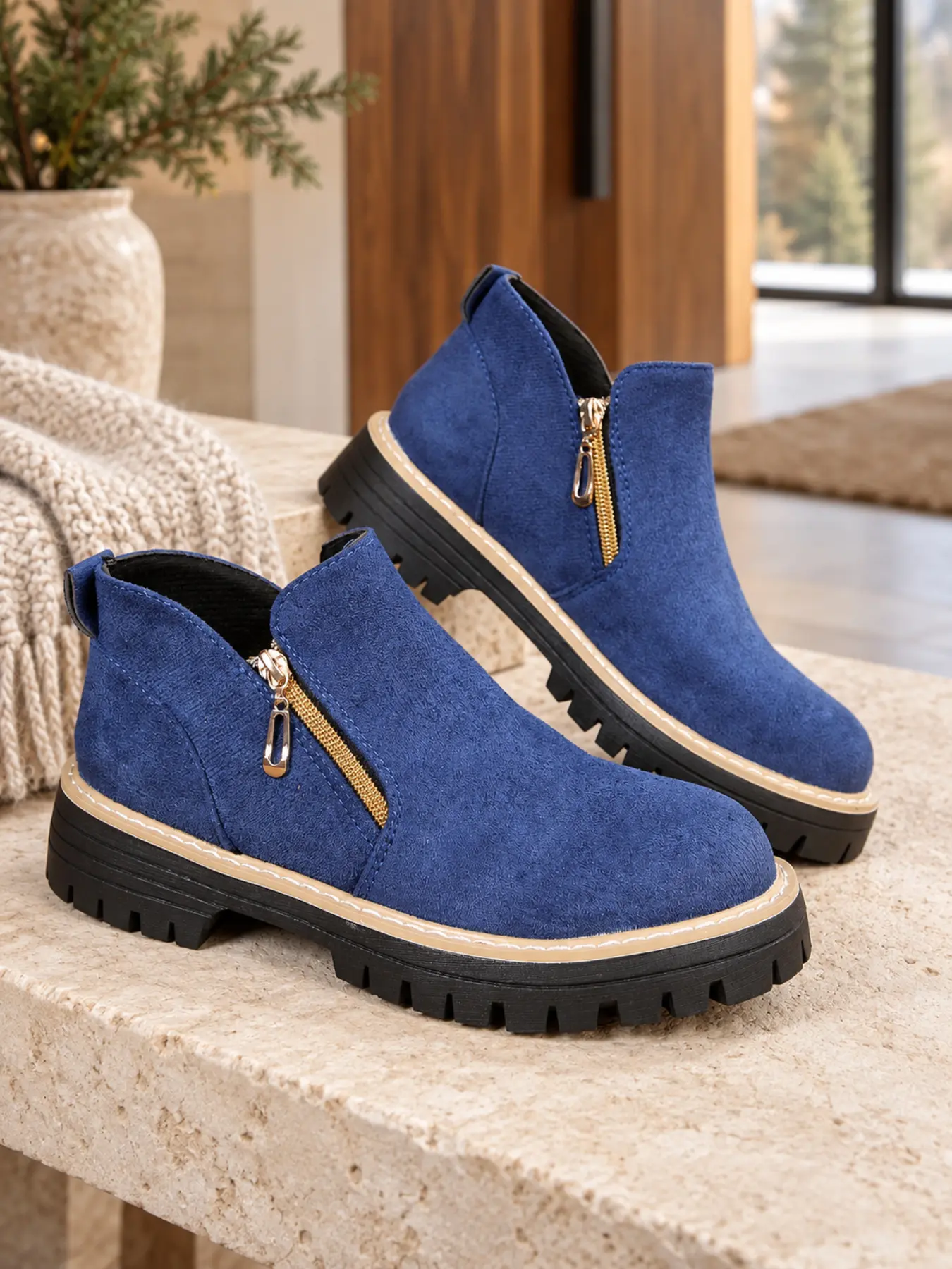 Women’s Faux Suede Ankle Boots, Dual Side Zipper Round Toe Booties, Chunky Lug Sole Low Heel Casual Shoes for Fall and Winter