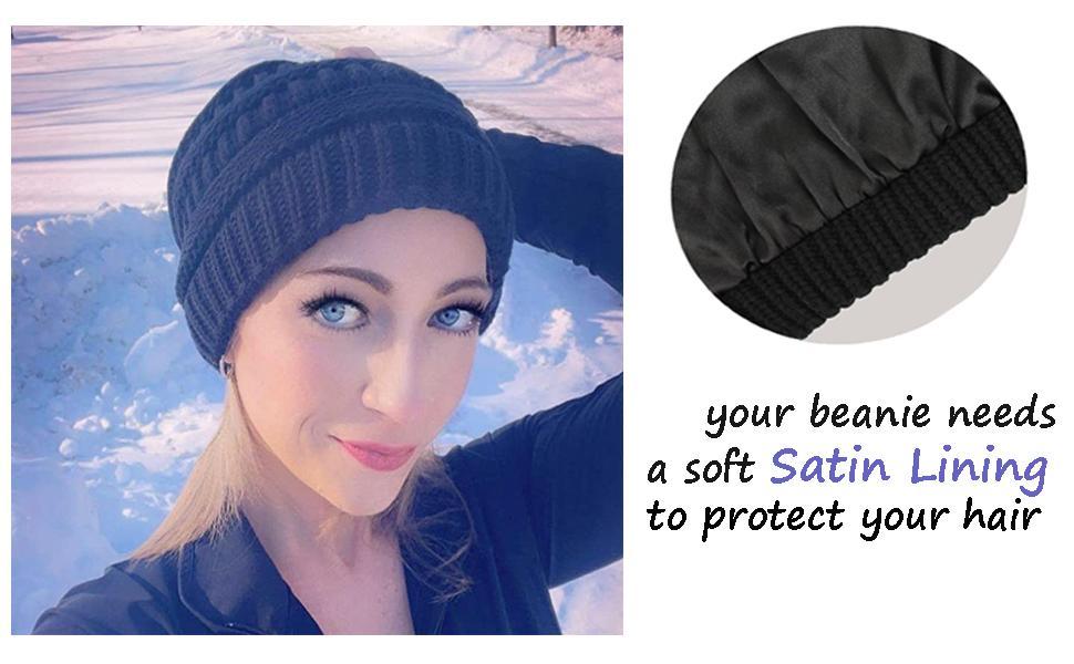 Satin Lined Beanie for Women - Warm Knit Slouchy Winter Hat, Stylish Skull Cap, Soft Silk Beanies for Ultimate Comfort and Cozy Style