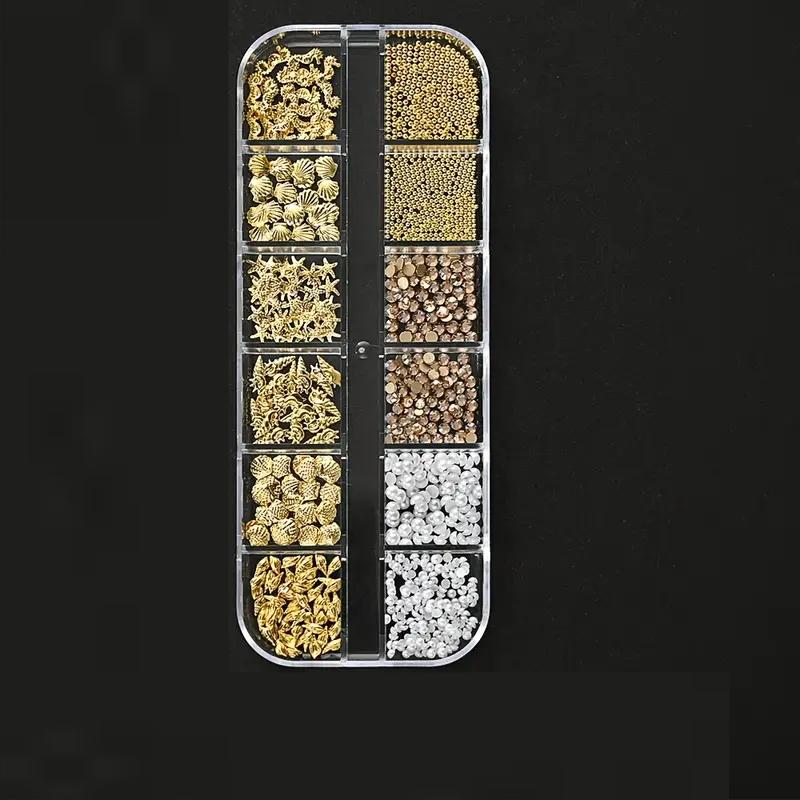 12 Grids 3D Ocean Nail Art Decorations, Mixed Sea Horse Starfish Conch Pearl Mini Caviar Beads Rhinestones, Seahorse Nail Art