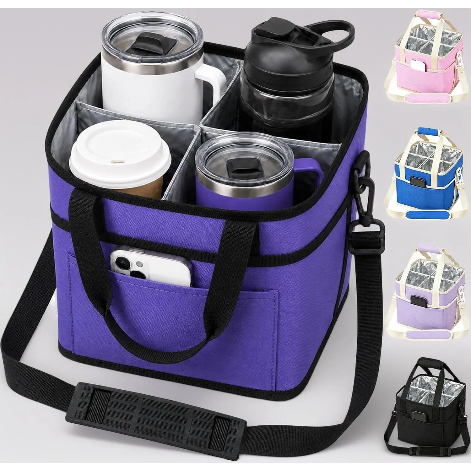 Insulated Travel Portable Drink Carrier Tote Bag - 4-Compartment Water Bottle Holder with Adjustable Strap for Car & Delivery, DIY Painting Supplies Storage, Multi-Compartment