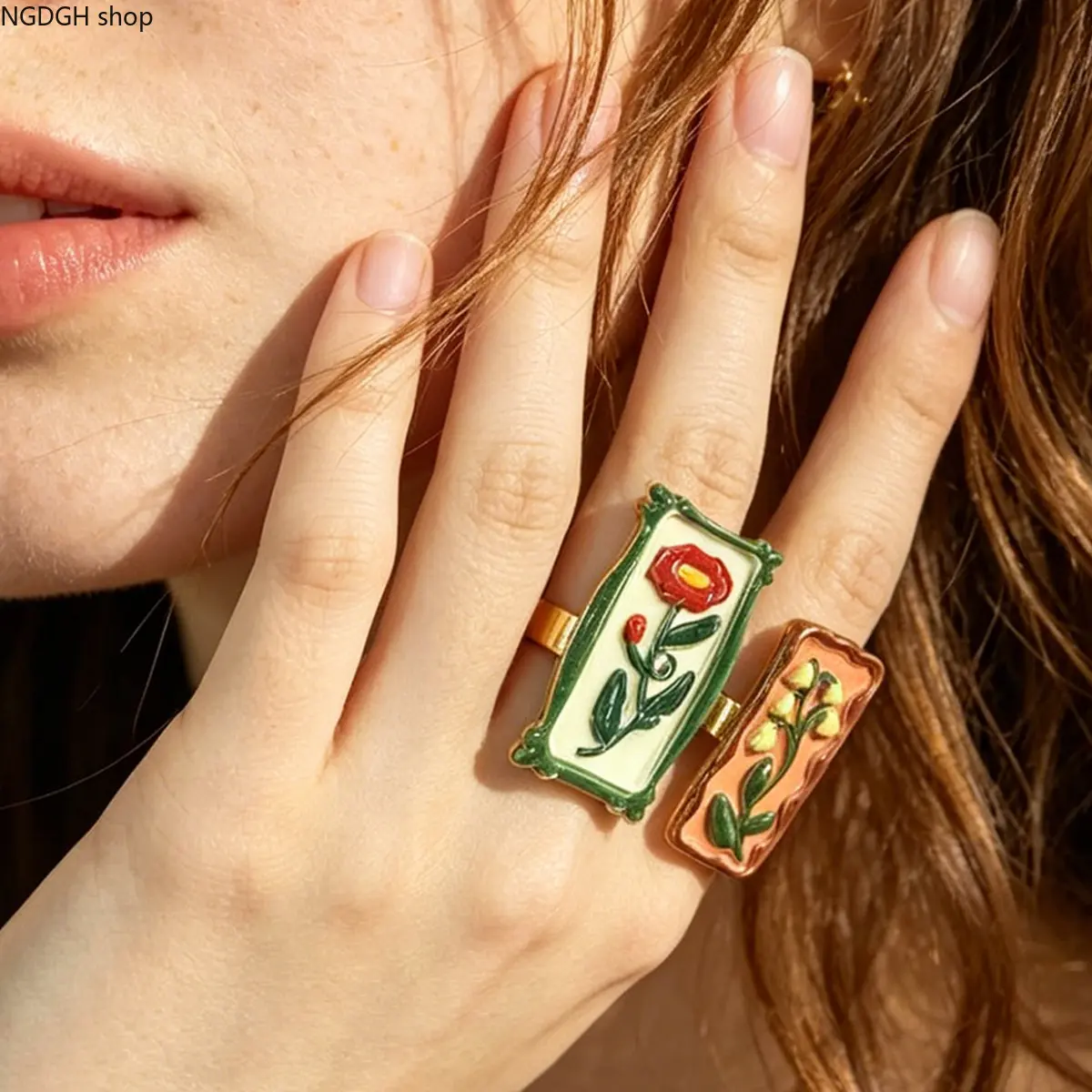 Female Enamel Finish Ring - Vintage Floral Statement Ring for Women, Adjustable Size, Boho Chic Aesthetic Party Wear Summer Accessory, Female Ring