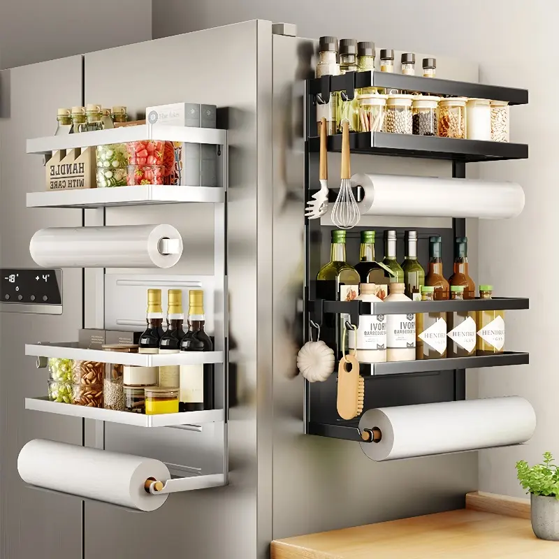 Double/three-layer magnetic condiment rack, non-punching storage rack, paper towel rack, plastic wrap rack, refrigerator and washing machine storage rack, suitable for kitchen and home finishing and storage, with strong load-bearing capacity