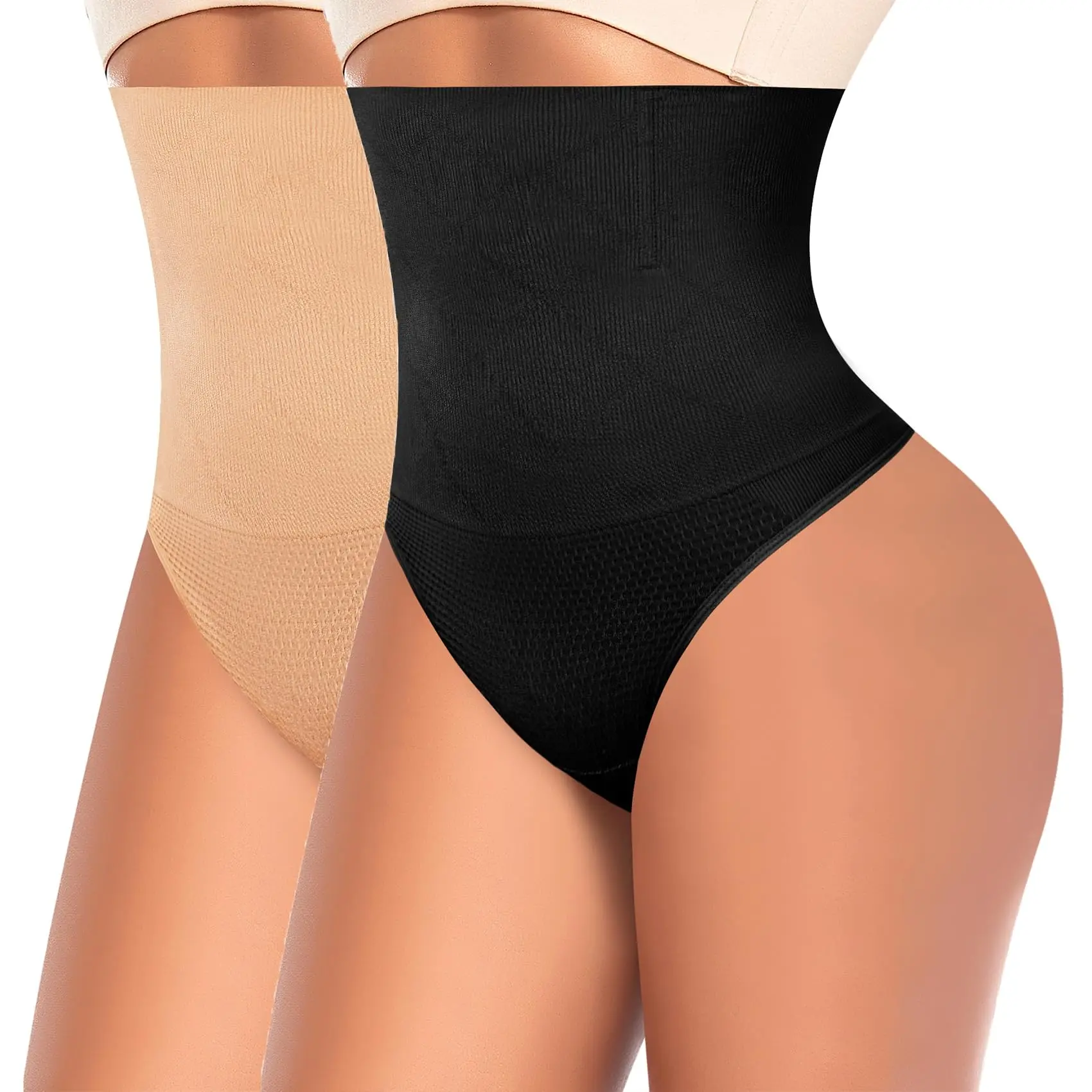 Women's Seamless High Waist Tummy Control Shapewear Underwear - 2/4PCS 2pcs Black+Nude Solid Plain Compression Faja Thong Shorts, Seamless Cut, Hand Wash, Standard Sizes