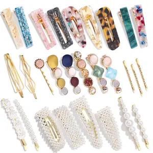 28 PCS Pearls and Acrylic Resin Hair Clips, Handmade Hair Barrettes, Marble Alligator bobby pins, Glitter Crystal Geometric Hairpin, Elegant Gold Hair Accessories, Gifts  Women Girls