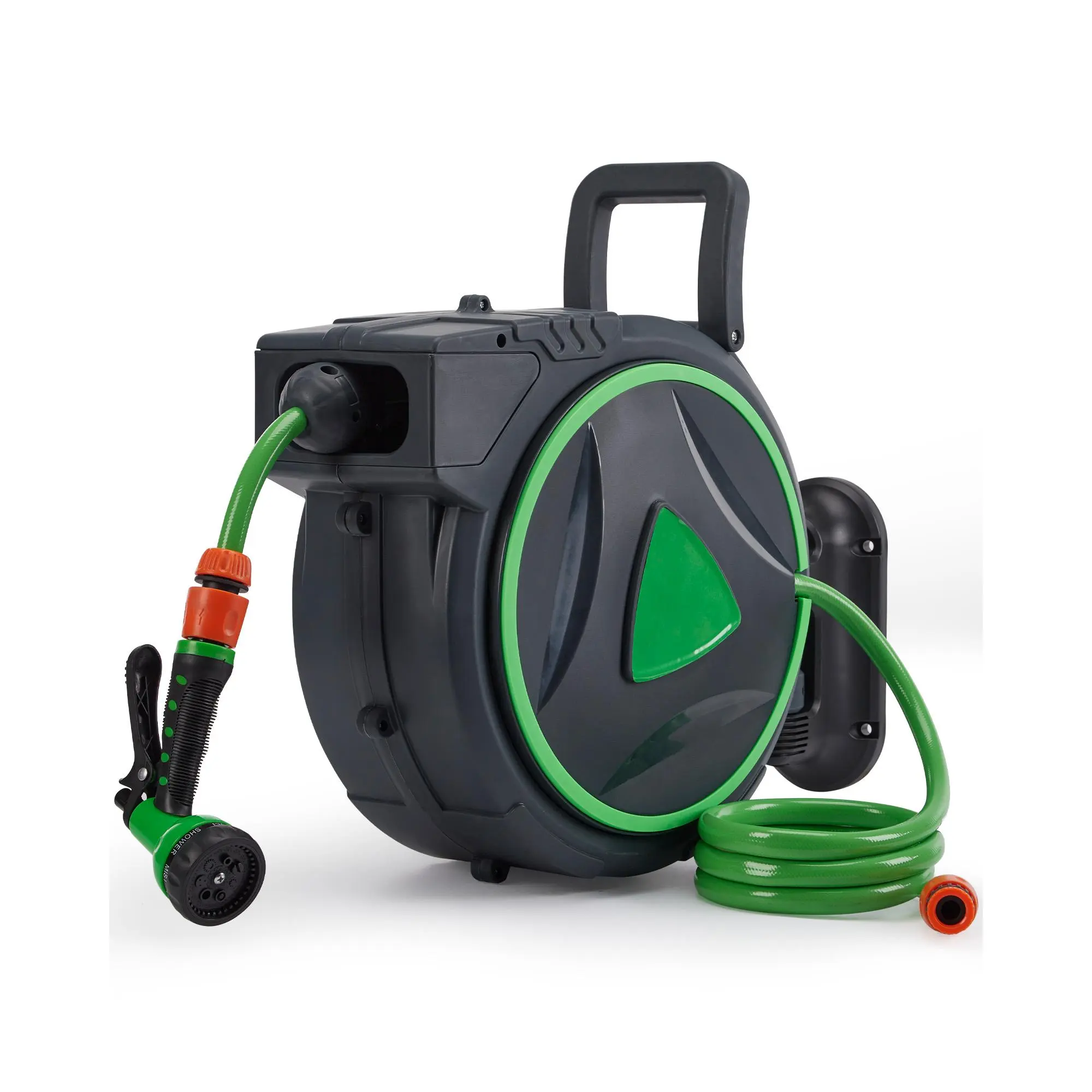 Heavy‑Duty Retractable Garden Hose Reel, 1/2" x 65ft Wall‑Mounted Auto Rewind Hose Reel with 9‑Pattern Spray Nozzle, Leak‑Proof Flexible Hose, 180° Swivel Bracket, Weather‑Resistant for Patio Yard Gardening, Gray & Light Green