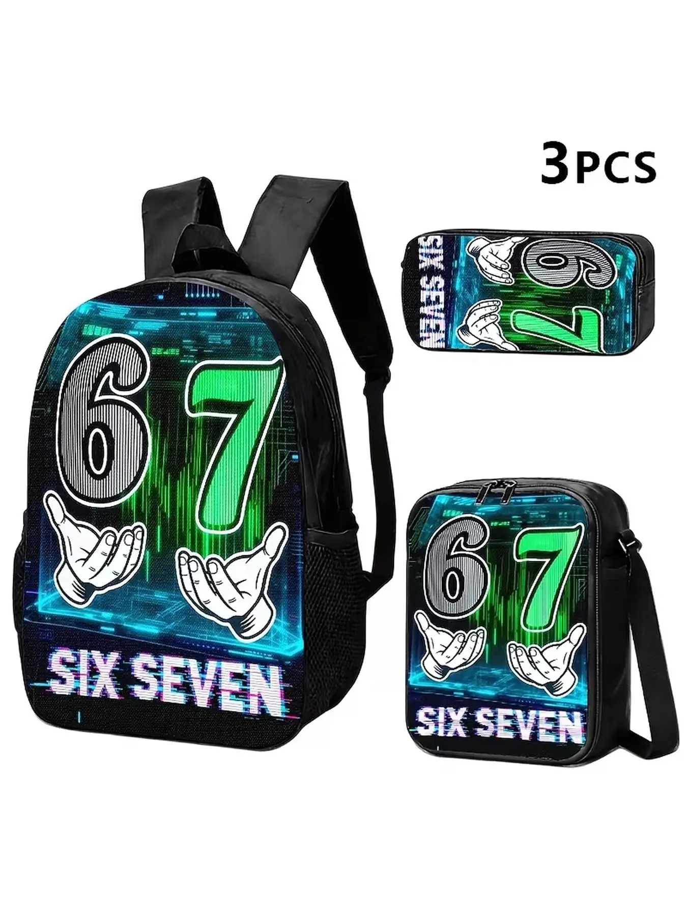 3pcs Backpack, Crossbody, and Pouch with '67' Numeric Design, Hand Gestures, Neon Tech Background Ideal for Urban Style, Commuting, Travel, or Casual Outings.